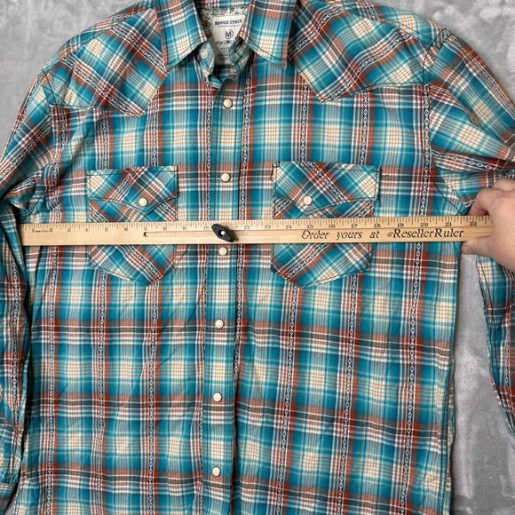 Rough Stock Panhandle Slim Shirt Mens Medium Pearl Snap Turquoise Brown Plaid - Picture 11 of 14